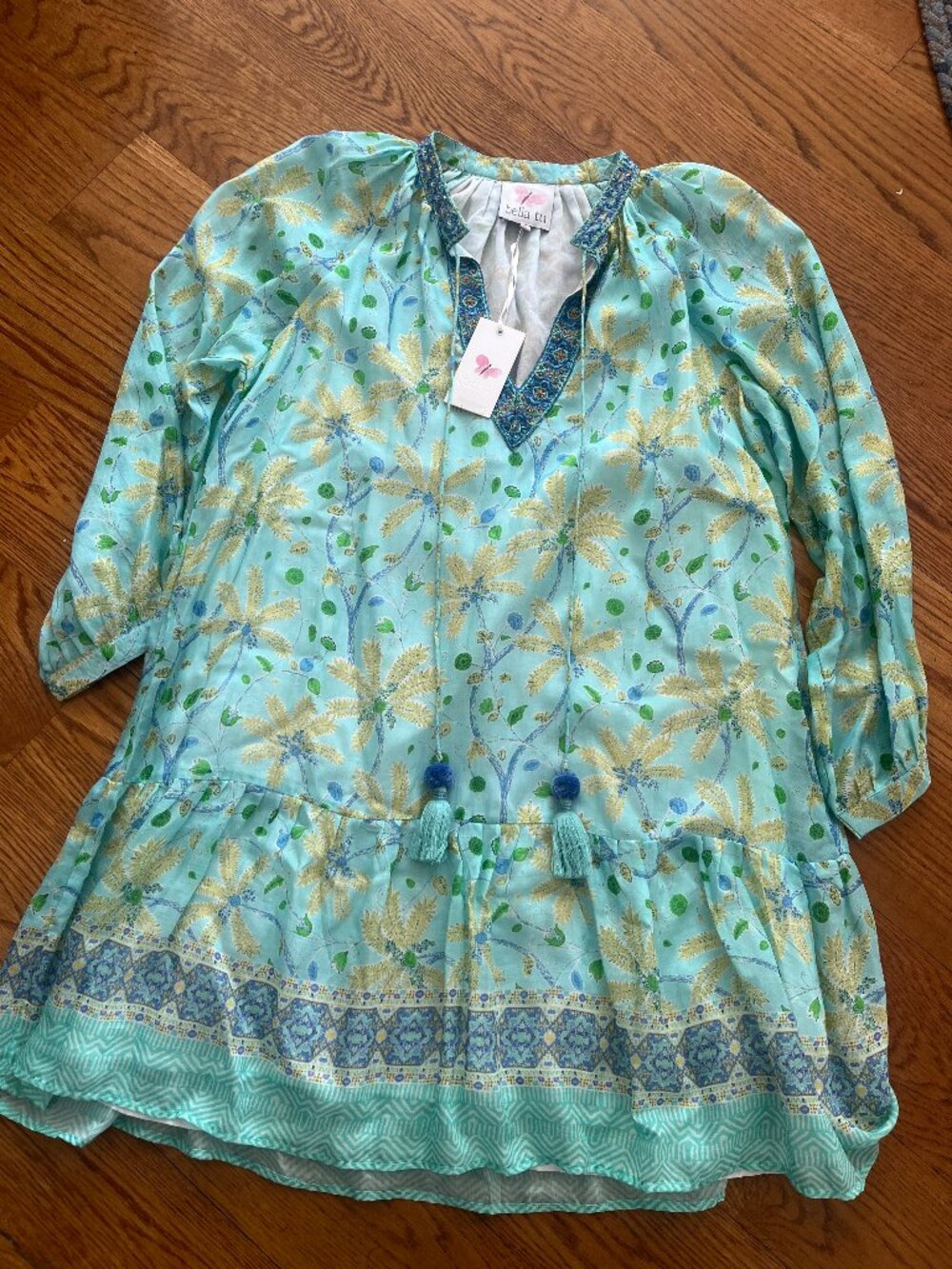 NWT Bella Tu GORUSH $295 Turquoise Beaded Sequin Palms Peasant Dress Womens M